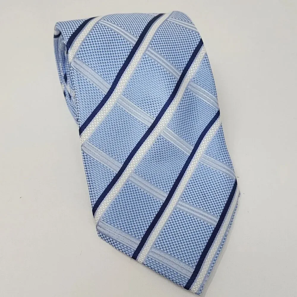 Baoloc Silk Tie Mens One Size Light Blue Navy Stripe 100% Silk Handmade Necktie